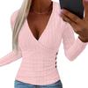 Women Knitwear Autumn Solid Color Tops Deep V-neck Sweater Long Sleeve Blouse Elegant Slim Fit Buttons Decor Ribbed Pullover Tops