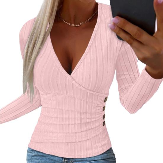 Women Knitwear Autumn Solid Color Tops Deep V-neck Sweater Long Sleeve Blouse Elegant Slim Fit Buttons Decor Ribbed Pullover Tops