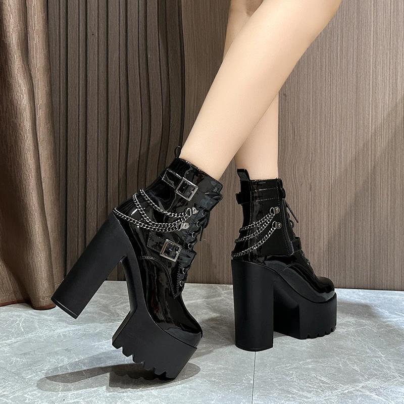 Modă 14CM Femei Cizme de Gleznă cu Toc Platformă Fermoar Punk Botine Motociclist Toc Înalt Gros Bloc Vârf Rotund Cizme de Modă