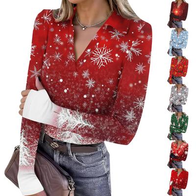 Women's Fashion Casual Christmas Print V-Neck Long Sleeve Button-Down Top