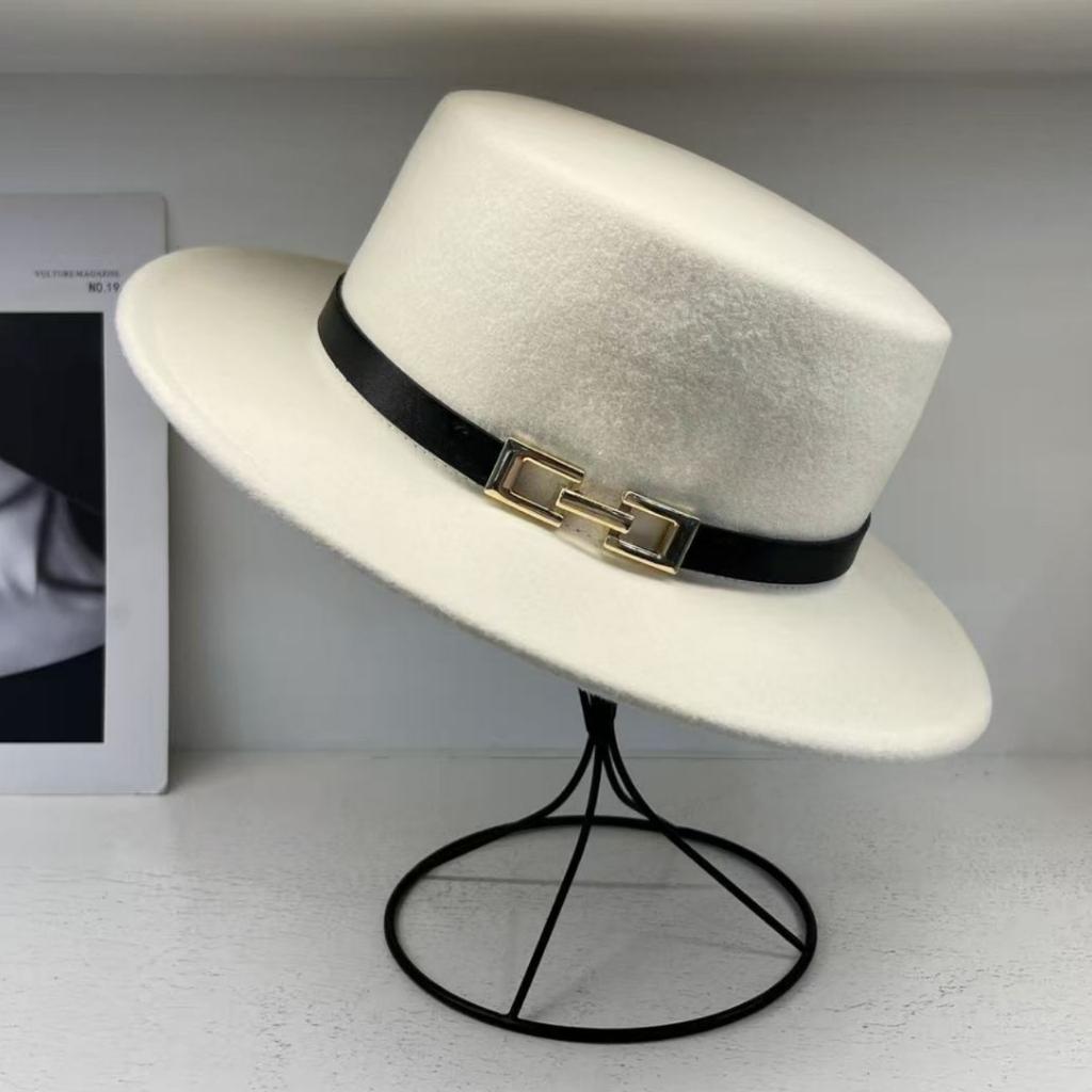 European Style French Small Leather Buckle Australian Wool Top Hat Women's Men's Flat Top Hat Autumn and Winter Retro Wide Brim Hat Tide