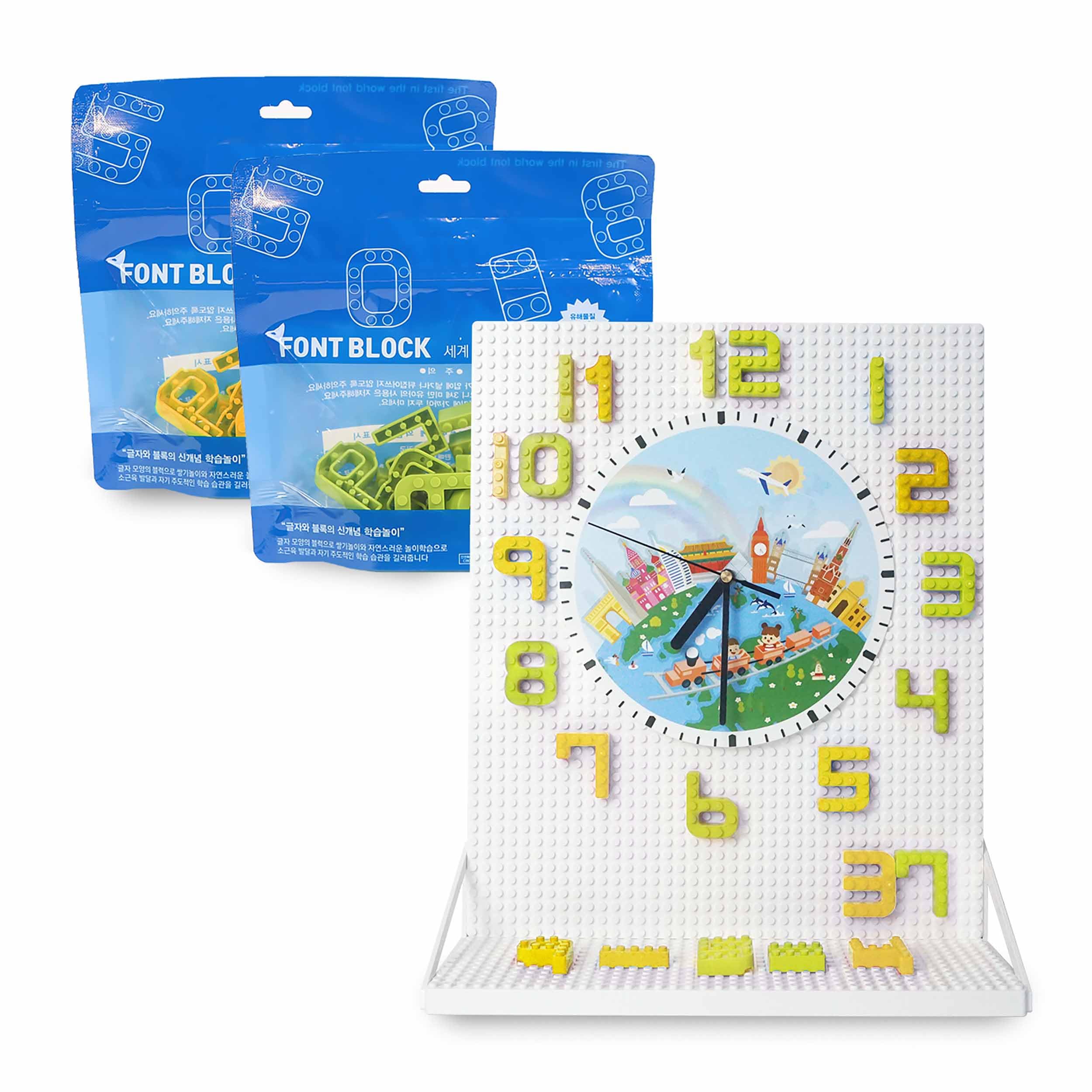

MOJIBLOCK Clock Block Set [Board + 2-Color Numbers (Green and Yellow) + Clock Movement Kit] Educational Toy, Blocks, First Clock Play, Educational