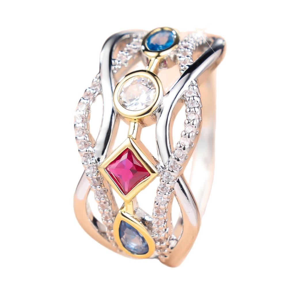 European and American Style, Multi-colored, Hollowed-out Ring with Cubic Zirconia Retro Palace-style Ring Featuring Gold and Silver Accents and a