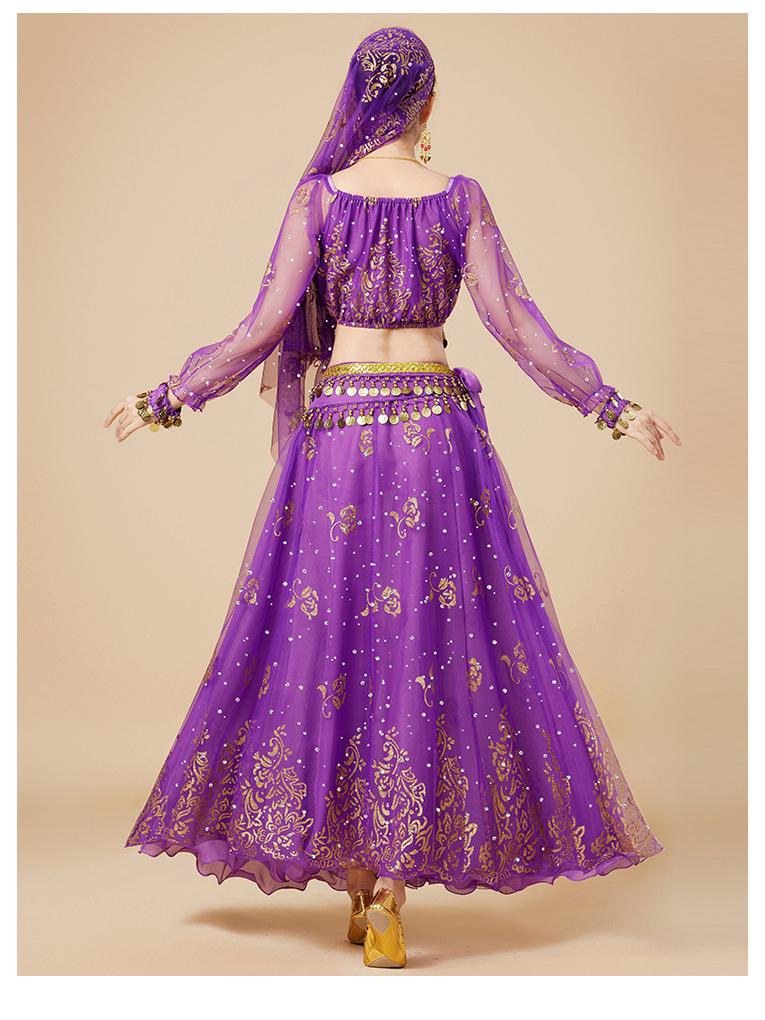 Fantasia de Apresentação de Dança do Ventre Indiana Huayu - Conjunto de Vestido de Manga Comprida de Chiffon para Mulheres