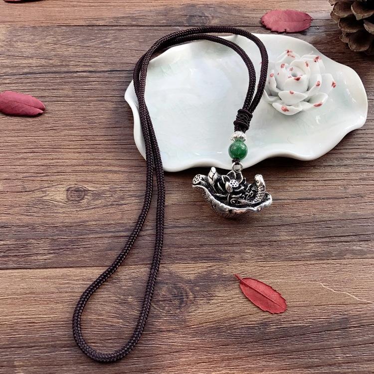 Handmade Retro Cotton and Linen Tibetan Silver Pendant Necklace Medium and Long Flower Versatile Sweater Chain Women's Simple Accessories