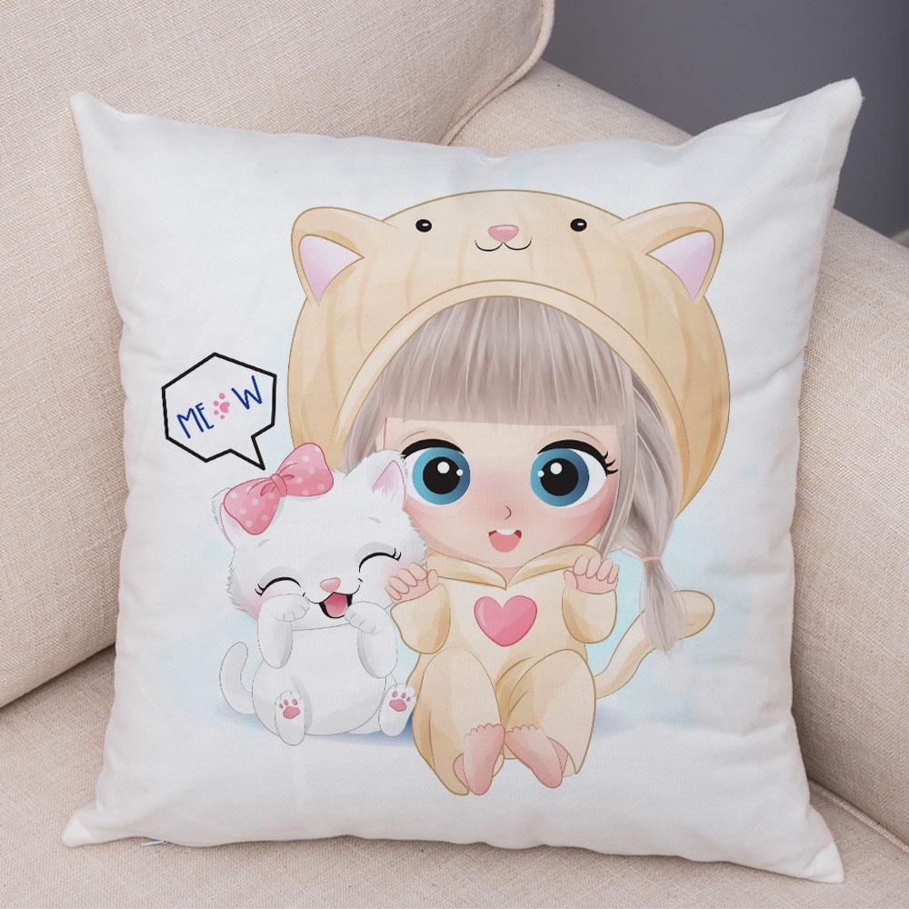 Children's Room Sofa Home Pillowcase Cute Cartoon Girl and Cat Pillowcase Decoration Cute Animal Cushion Cover