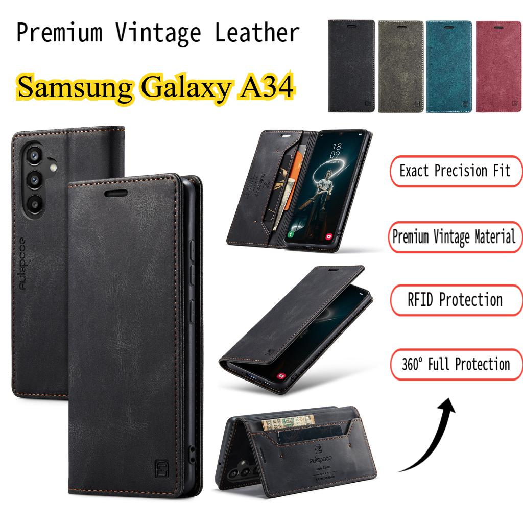Premium Vintage Leather Wallet Case for Samsung Galaxy A34 - RFID Protection Flip Cover with Card Slots, Shockproof Retro Style (4 Colors)