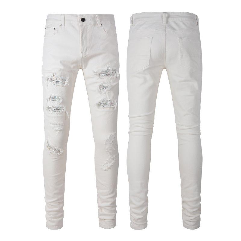 

Men s White Rhinestone Ripped Skinny Jeans 38 джинсовий/білий