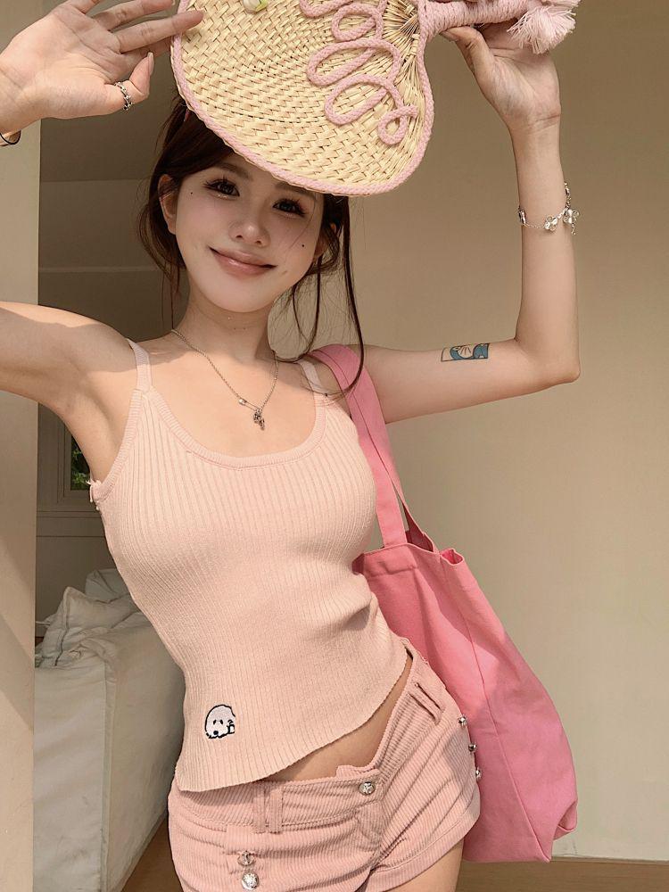 Spring 2025 Cartoon Embroidery Camisole: Women's Sweet & Spicy Slimming Top