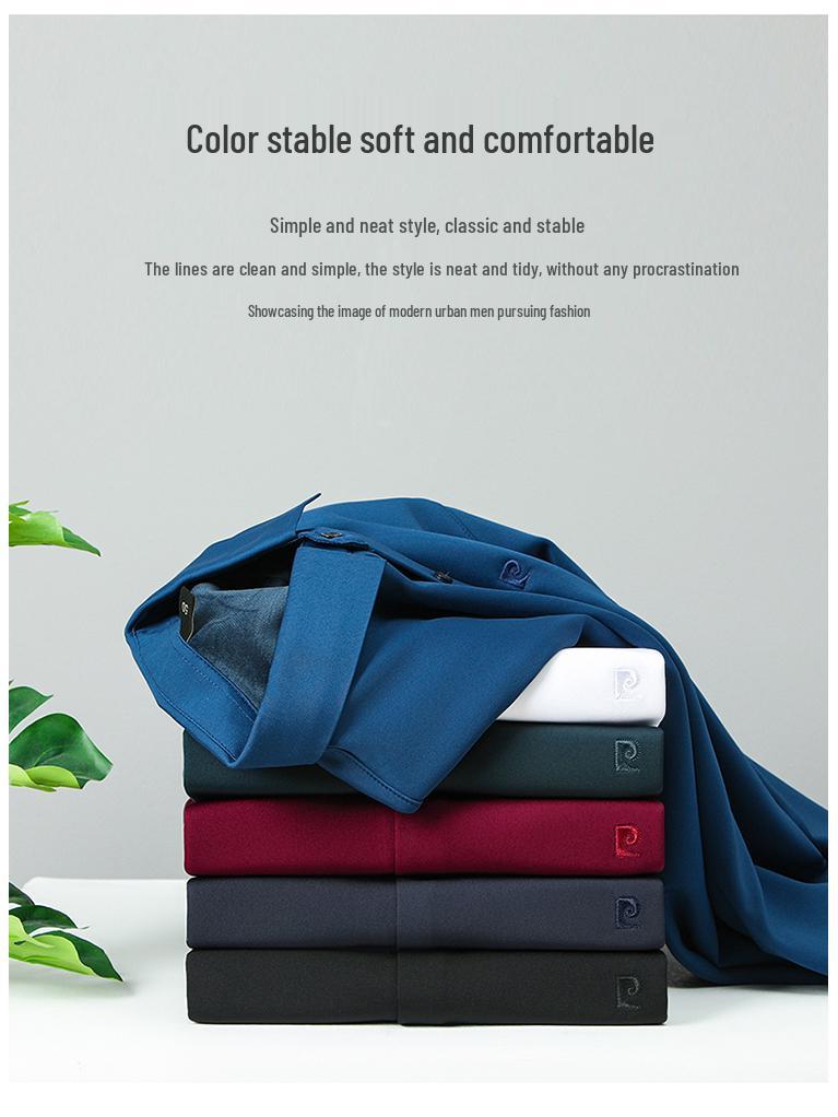 Pierre Cardin Men's Long Sleeve Mulberry Silk Shirt - Iron-Free, Plus Velvet, High-End Business Casual for Autumn/Winter