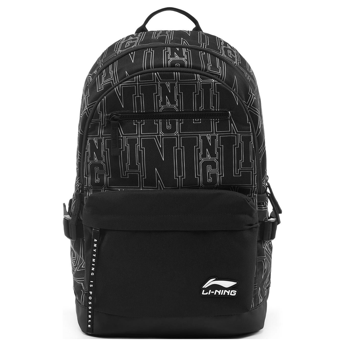 Li Ning Sports Lifestyle Series All Over Logo Zip Closure Polyester Student Backpack Unisex Backpack Black ABSU239-6 Black All over Print