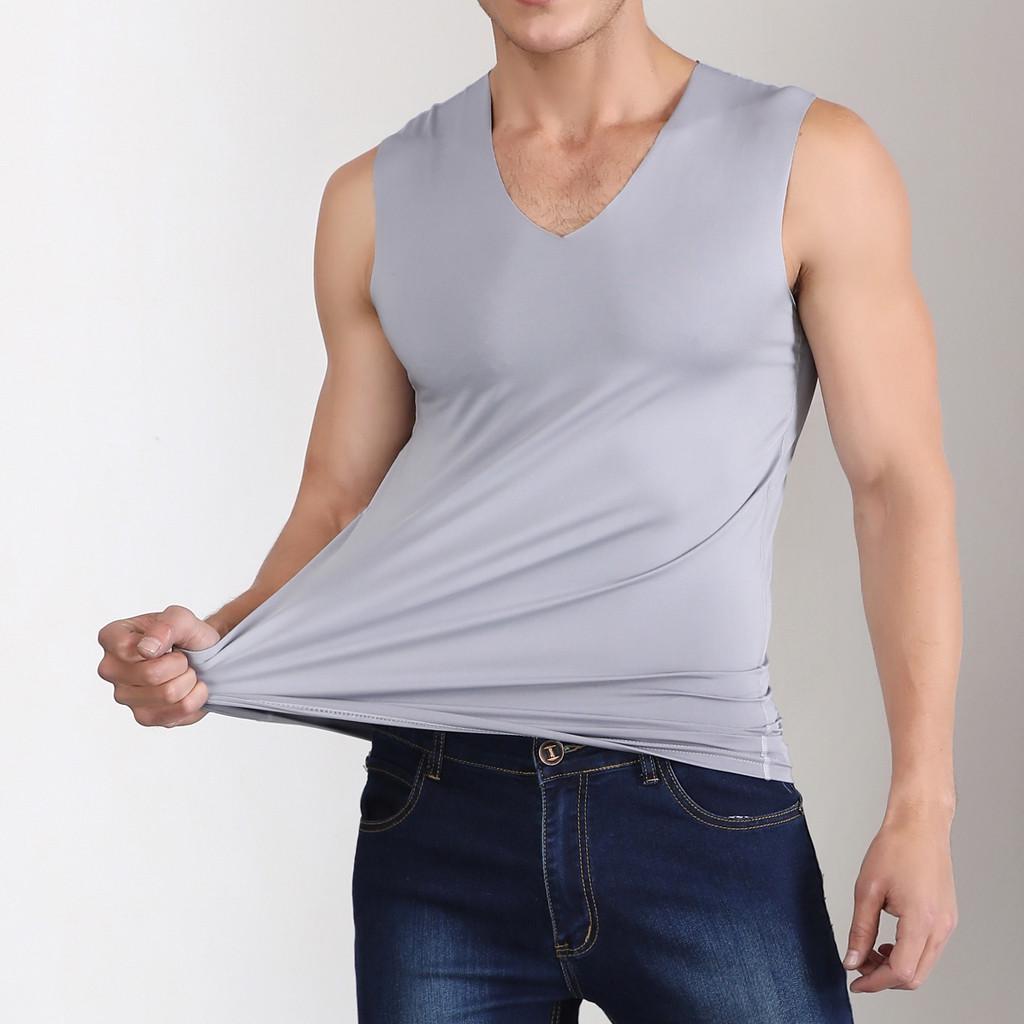 Herren Sommer Eis Seide Spurlos Dünn Atmungsaktiv Farbe V-Ausschnitt Ärmellos Oberteil