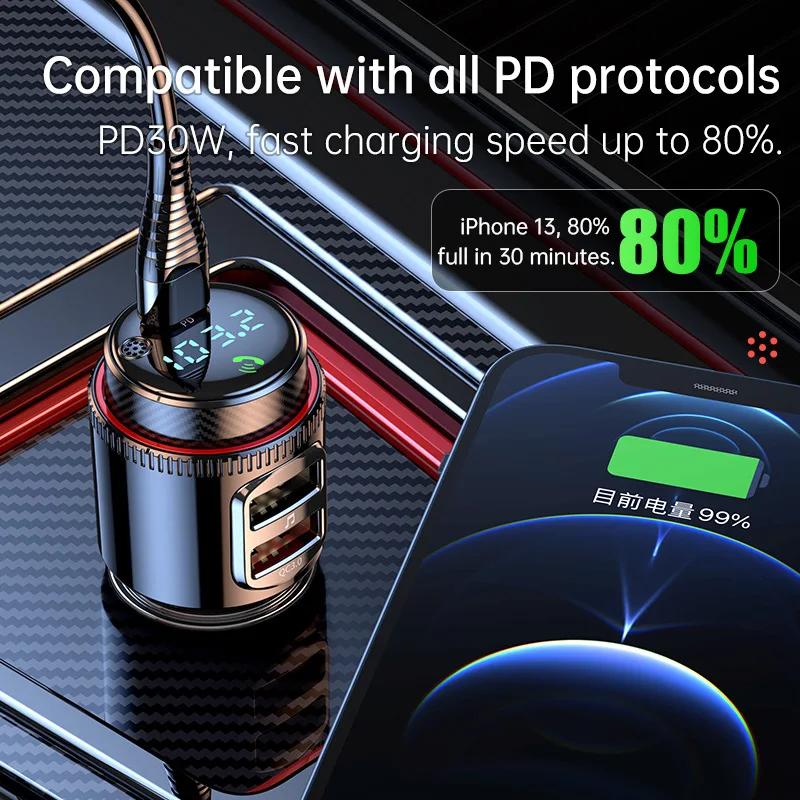 Car MP3 Player FM Transmitter Bluetooth 5.4 PD30W+QC3.0 Dual USB Fast Charge Adapter Wireless Handsfree U Disk Play