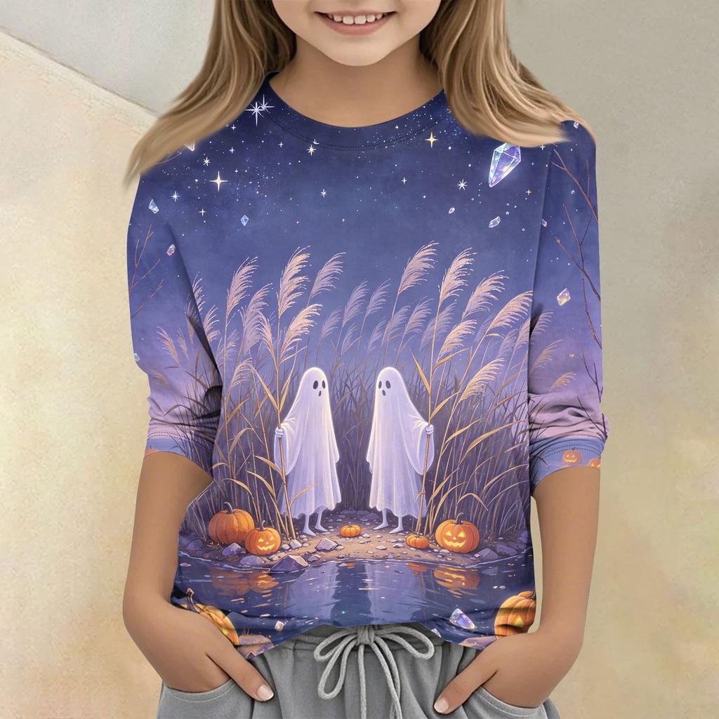 Kids Halloween Printed Crew Neck Three Quarter Sleeve Casual T Shirt Top for Boys and Girls Soft Comfortable Fabric