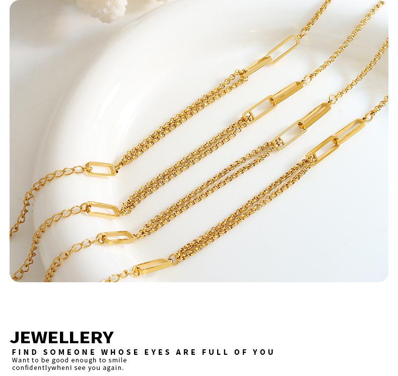 Christmas Geometric Double-Layer Chain Bracelet: Women's 18K Gold-Plated Titanium Steel Rectangular Openwork Design (E179)