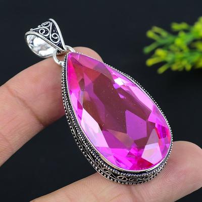 Natural Pink Rubillite Gemstone 925 Sterling Silver Gift Pendant 2.44" Z9q99