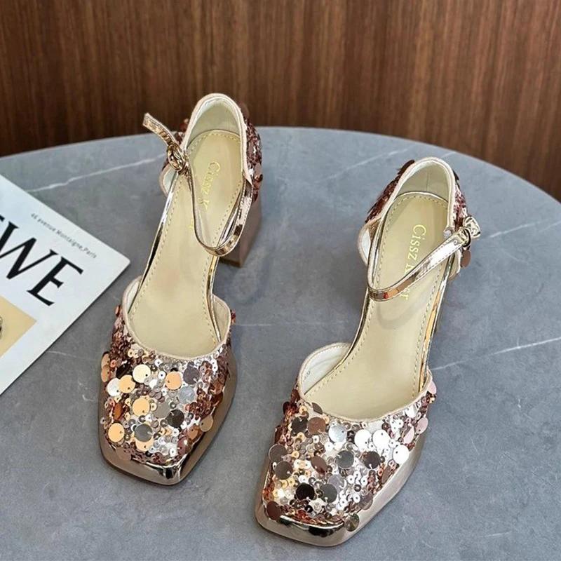 Bling Women's High Heels Sandals Luxury Mary Jane Summer Square Toe Shoes 2025 Designer Party Wedding Chunky Zapatos Mujer