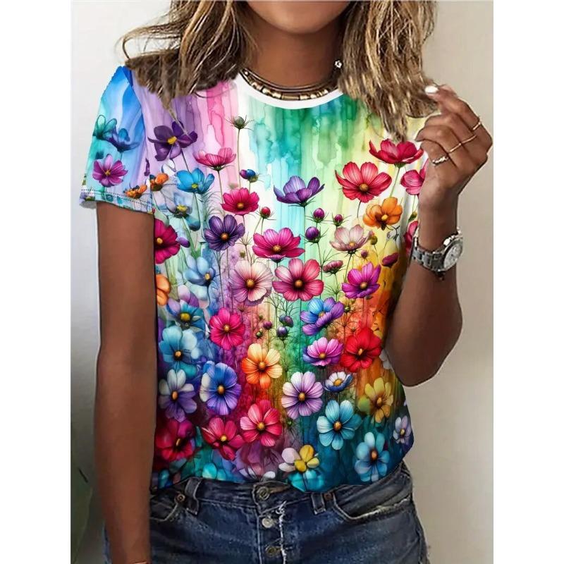 Sommar Dam T-shirt Casual Kortärmad Blommigt Tryck T-shirt Mode Street Lös O-ringad Pullover Kläder Kvinna Överdimensionerad
