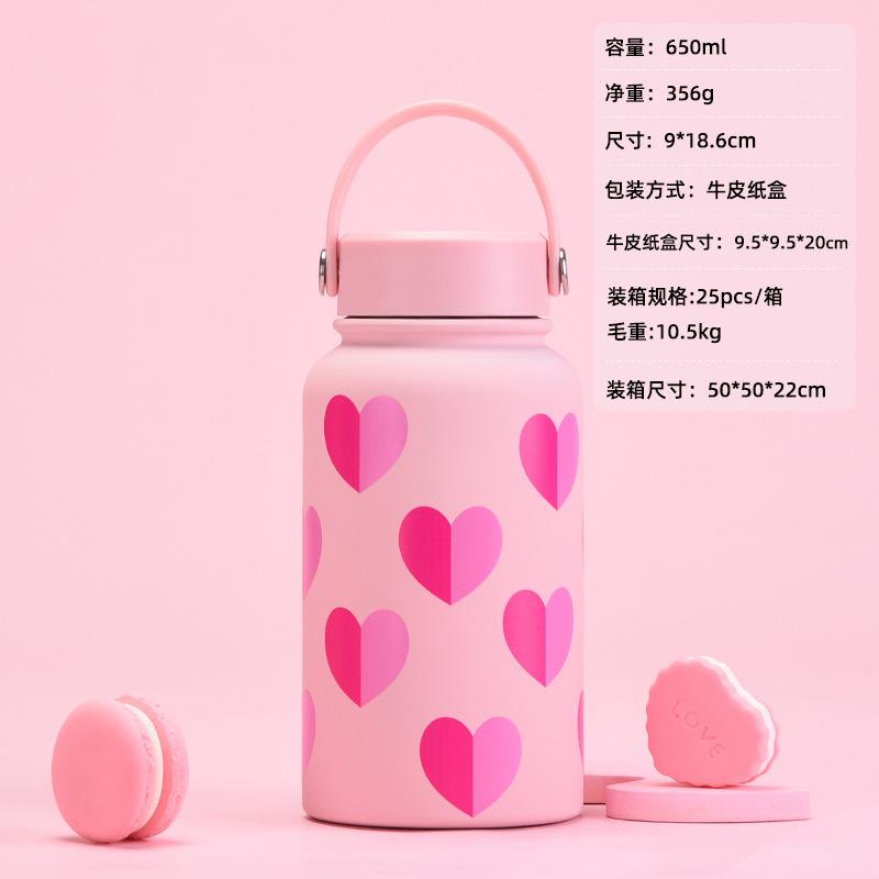 Edelstahl Thermobecher mit Strohhalm, Milchteebecher, Kaffeebecher, Valentinstagsset, Tragbarer Griff Sportwasserbecher