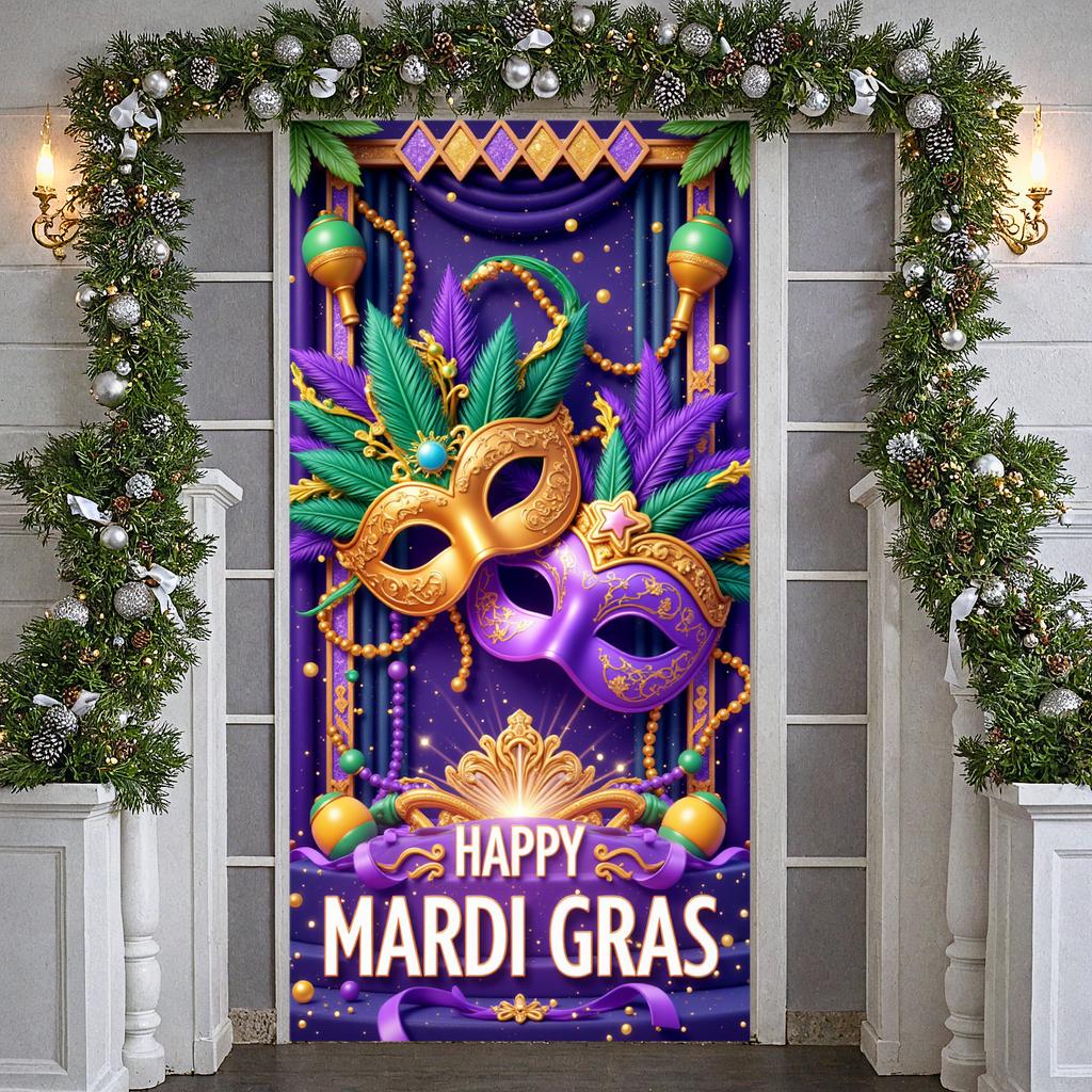 Mardi Gras Banner Ornate Mask Party Decoration Banner Carnival Banner Shiny Sequins Mardi Gras Backdrop For Photo Shoot Festival