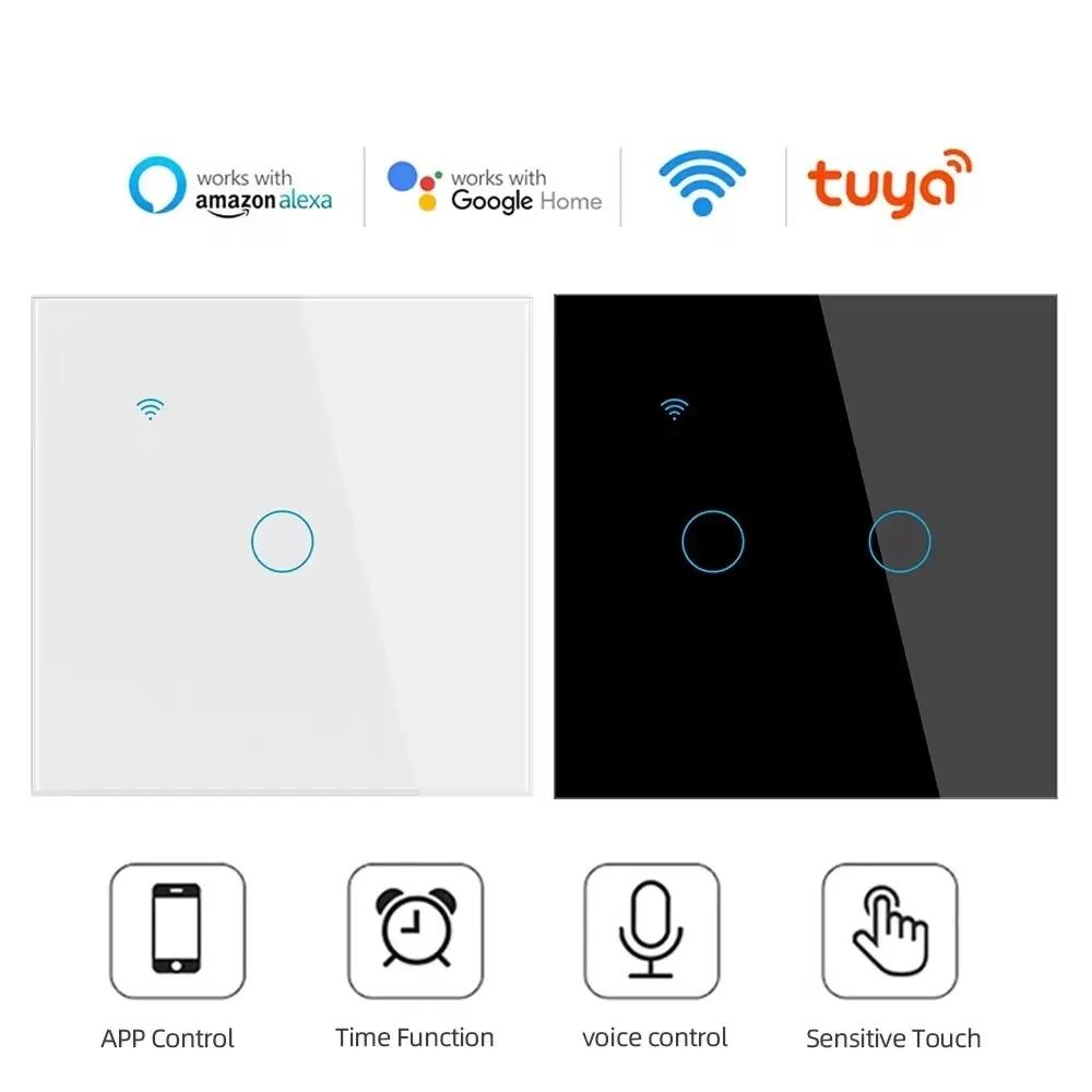 Melery Smart WiFi Switch EU Touch-Lichtschalter, Glasplatte mit/ohne Neutralleiter-Fernbedienung von Alexa Google Home, 1/2/3/4-Gang.