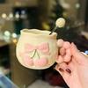Vintage Relief Cherry Ceramic Mug With Spoon Pink Girlish Heart Office Coffee Cup Underglaze Color Souvenir