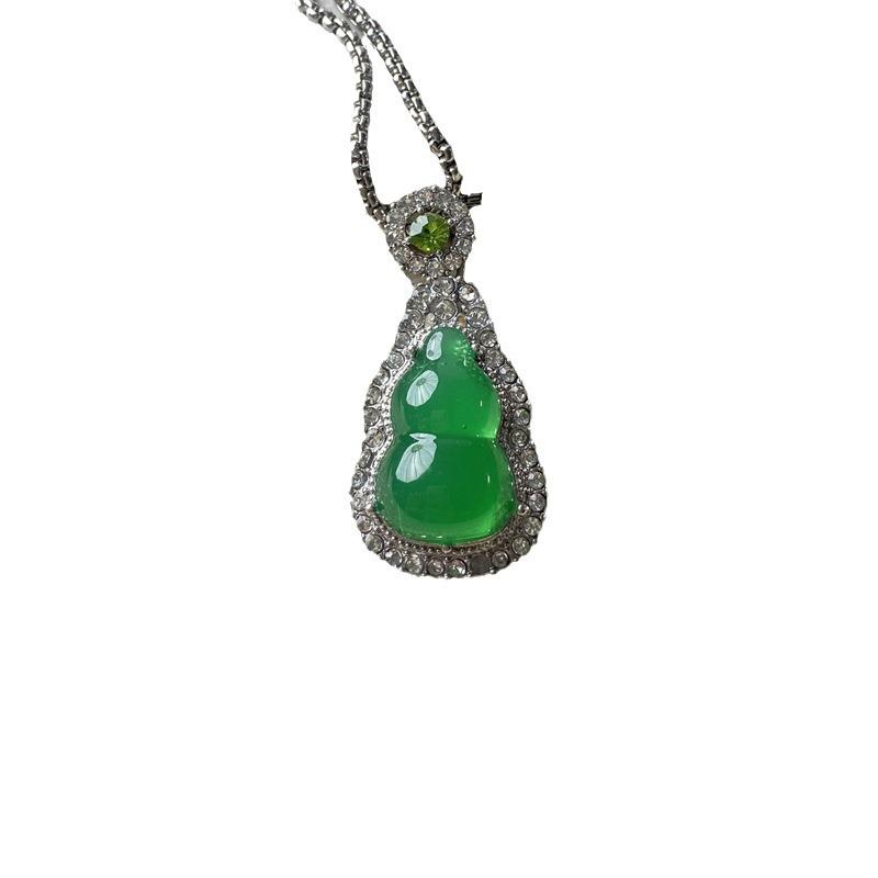 Imitation Jade Green Pendant Necklace with Diamond Accents and Stainless Steel Chain