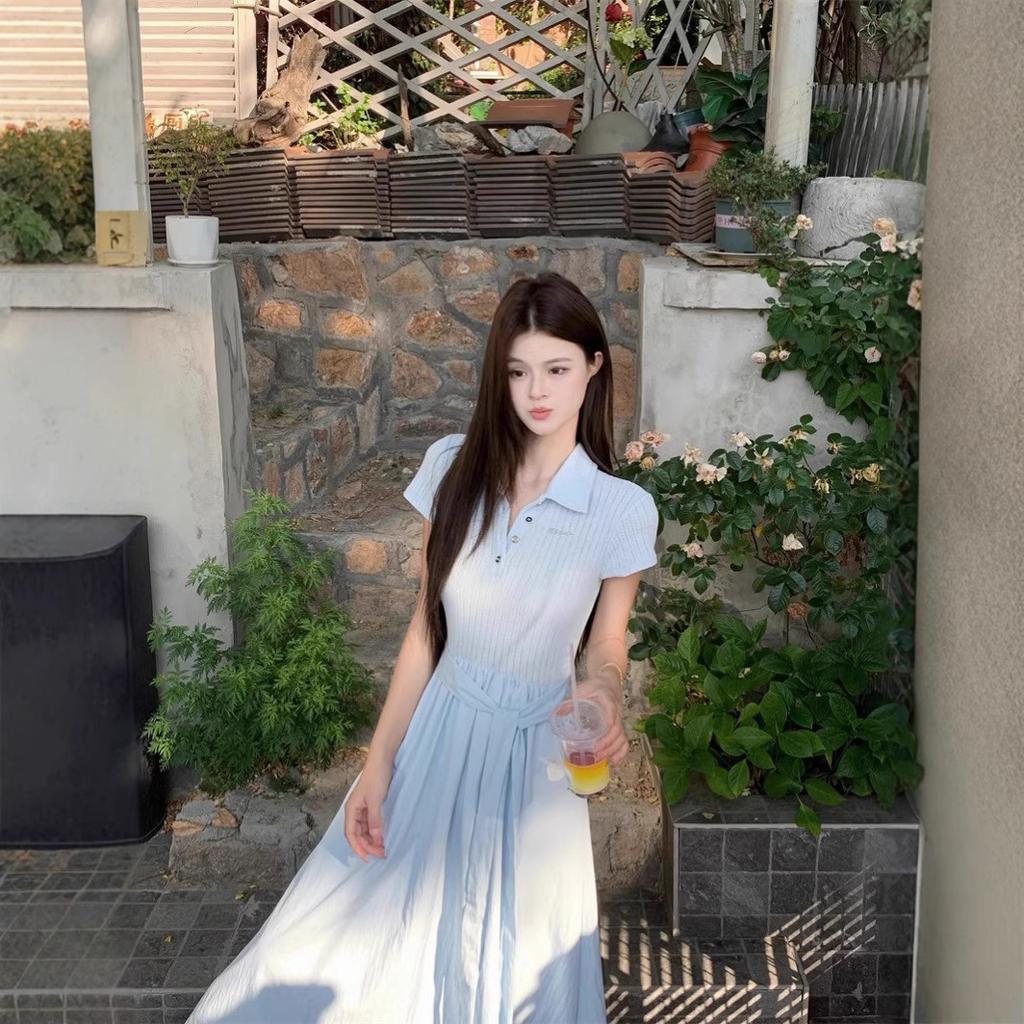 Korean POLO Collar Strap Short-sleeved Dress Women's Summer Niche Waist Unique Beautiful Blue A-word Long Skirt