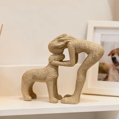 A Woman Kissing a Small Dog Resin Figurine a Warm Pet Interaction Scene Sculpture Sandstone Resin Ornament