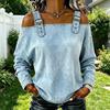 Women Shirt Adjustable Straps Off Shoulder Long Sleeve Pullover Tops Pure Color Denim Tops Travel Leisure Daily Wear