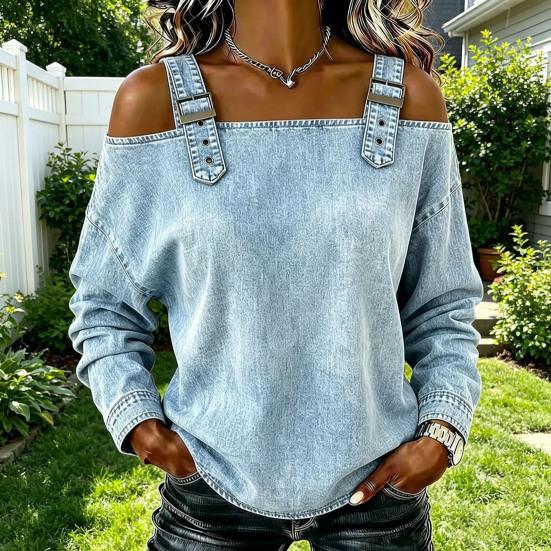 Women Shirt Adjustable Straps Off Shoulder Long Sleeve Pullover Tops Pure Color Denim Tops Travel Leisure Daily Wear