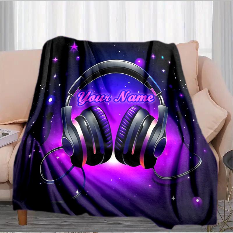 1PC Custom Name Music Headphones Night Theme Flannel Blanket Versatile,all-season Throw Suitable for the Living Room,bedroom,camping,travel,and Gift