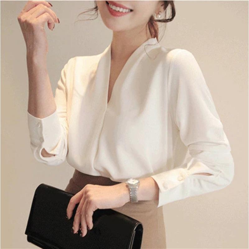 White Chiffon Shirt Women s New Korean Style V-neck Versatile Loose Professional Top S белый