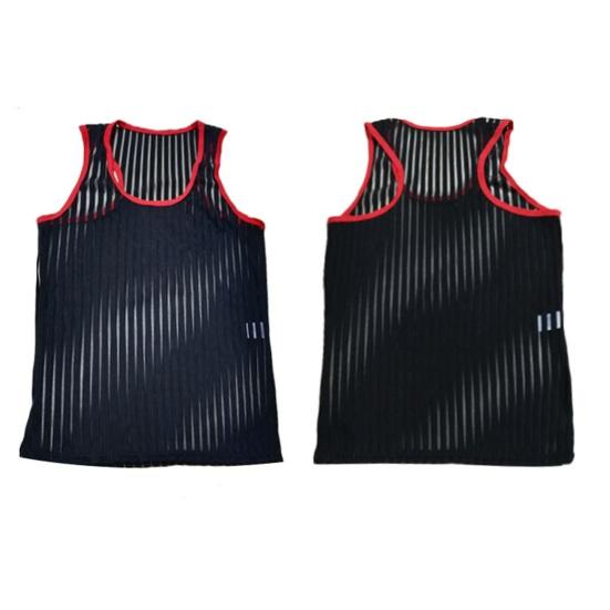 O-Neck Sleeveless Solid Color Men Vest Striped Racerback Male Mesh Sexy Transparent Bottoming Vest Home Wear