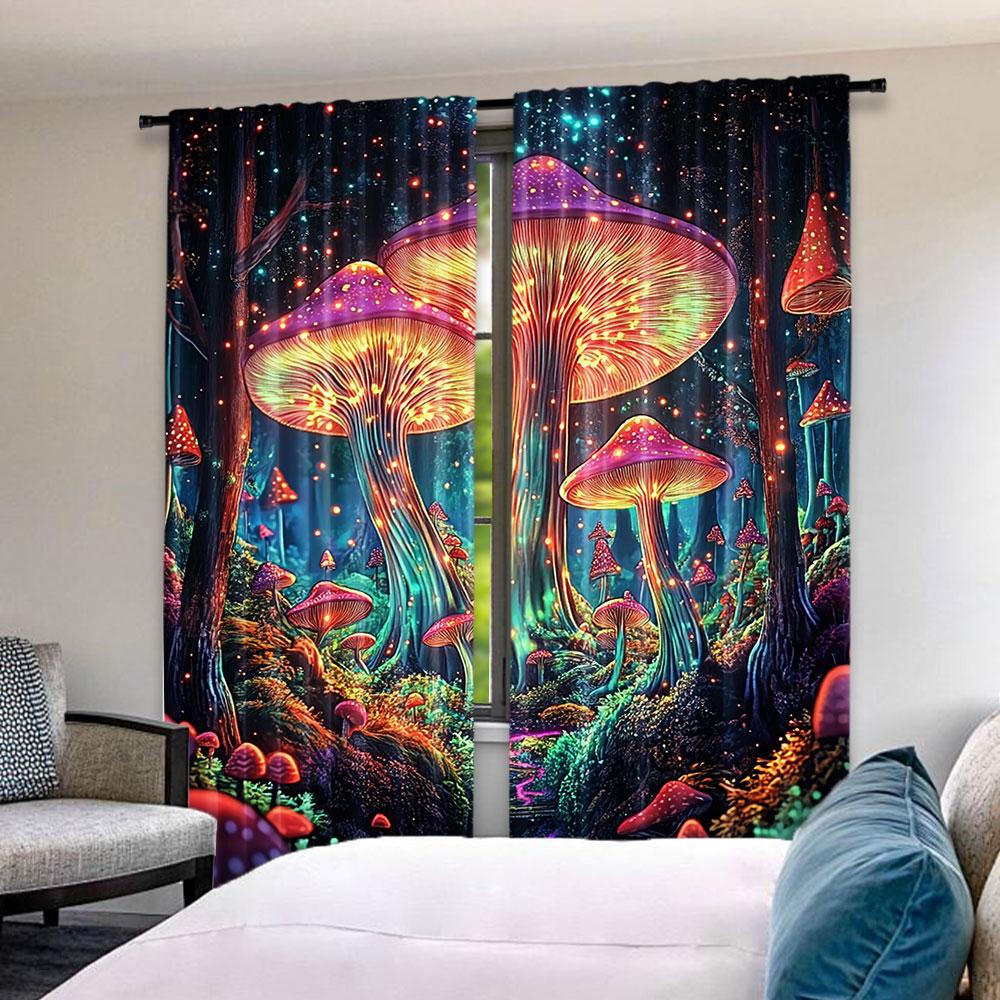 2Pcs Mushroom Curtain Boho Curtains For Cute Mushroom Mother Curtains Blue Forest Landscape Curtain For Bedroom Living Room
