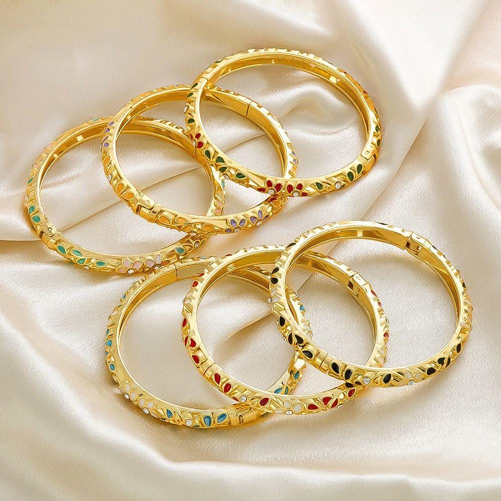 Gold Plated Enamel Floral Bangle Colorful Flower Bangle Vintage Dainty Jewelry  Women