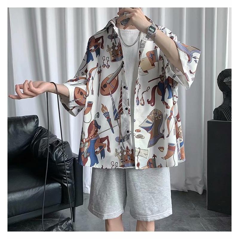 Summer Thin Men's Hong Kong Style Retro Printed Shirt Short-sleeved Shirt Drooping Handsome Casual Half-sleeved Top Jacket