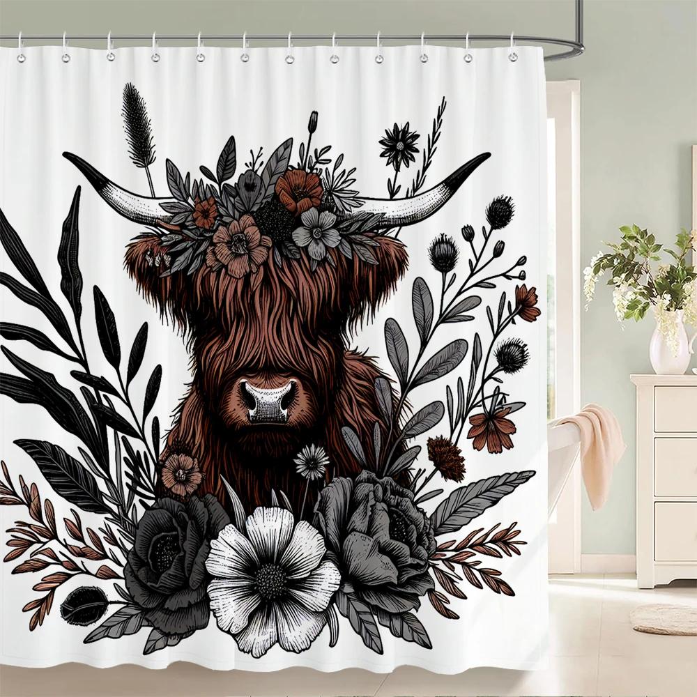 Watercolor Plants And Highland Cow Animal Shower Curtain Print Polyester Waterproof Bathroom Curtains With Hook Decorate Curtain