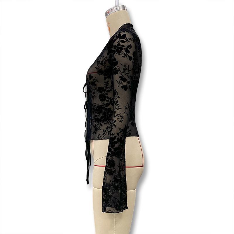 Fashion Women See Through Lace Black Sheer Shirt Mesh Top Elegant Floral Long Flared Long Sleeve V Neck Tie Blouse Trim Y2K Casual Party Clothing