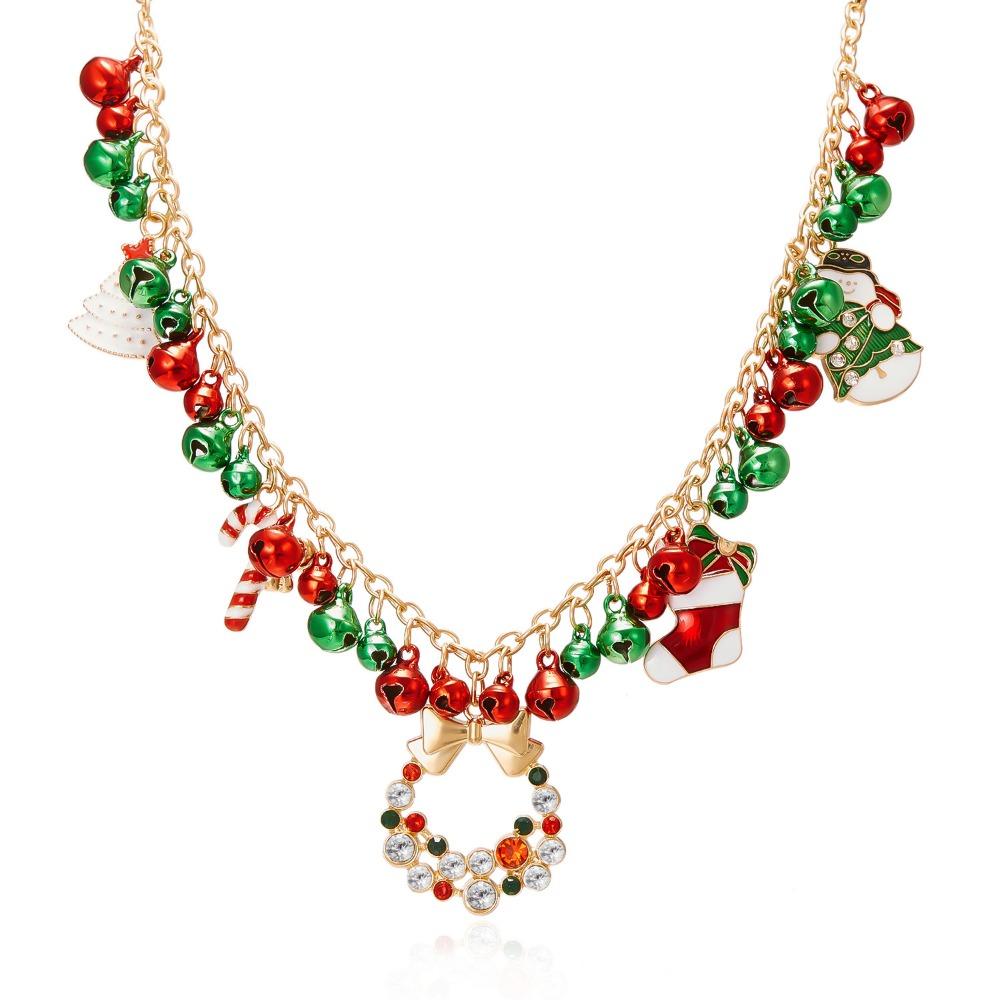 Bow Pendant Red Green Bell Choker Necklace Santa Claus Xmas Bead Clavicle Chain Women