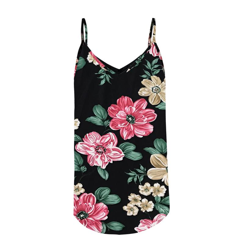 Kvinner V-hals Floral Tank Tops Dame Sommerferie Uformell Løs Vest T-skjorte