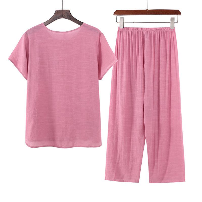Women's Summer Cotton Linen Short-Sleeved Two-Piece Set: Grandma Mom Pajama Top and Pants.