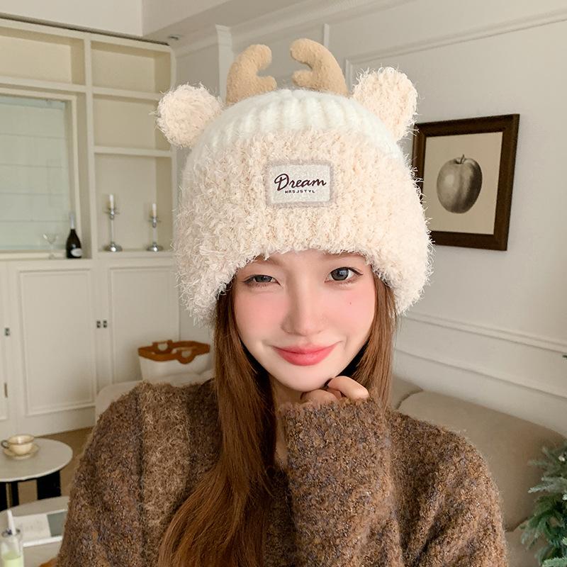 Cute Antlers Autumn and Winter Hat Women's Patch Plush Hat Japanese Plush Knitted Hat Outdoor Warm Ear Protection Hood