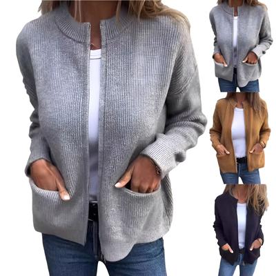 Damen Einfarbige Mode Lässige Stehkragen Reißverschlussjacke Lose Taschenjacke