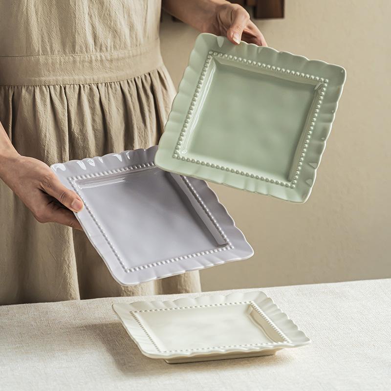 Cream Color High-Value Ceramic Square Plate Household Tableware Simple Dessert Plate Wavy Fruit Plate Vegetable Plate