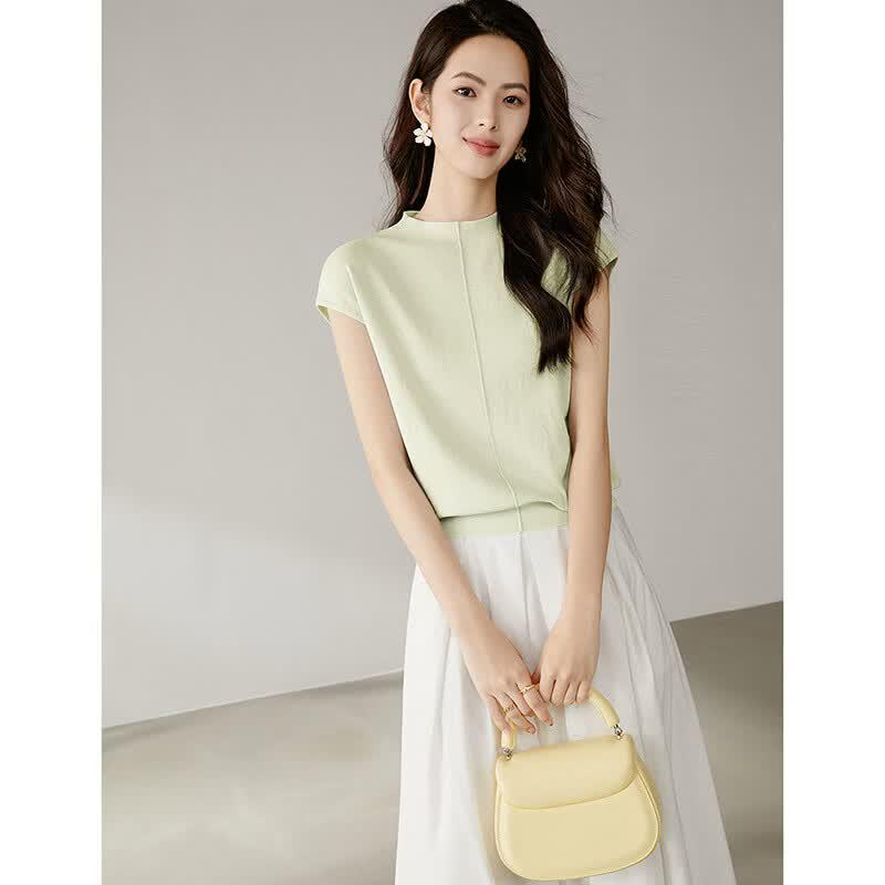 Women s Elegant Stand Collar Short Sleeve Knit Top M