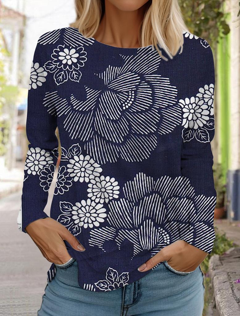 2024 Women's Hawaiian Style Retro Fashion Tops Long Sleeve Round Neck Pullover Casual Long Sleeve T-shirt Designer New