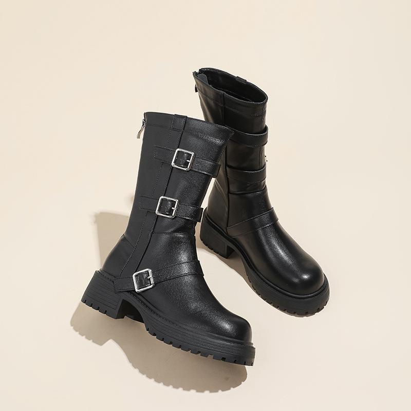 British Style Belt Buckle Medium Boots 2025 Autumn and Winter New Round Head Thick Heel Martin Boots Women's Western Knight Boots