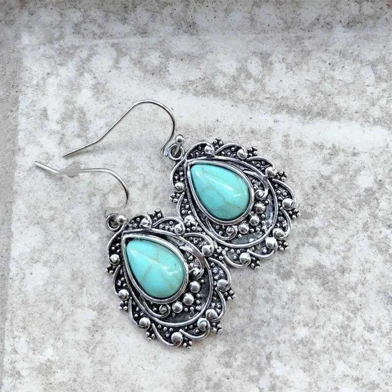 Silberne Tropfen Türkis Boho Hängeohrringe, Vintage Verzierter Filigran Hakenohrringe für Damen