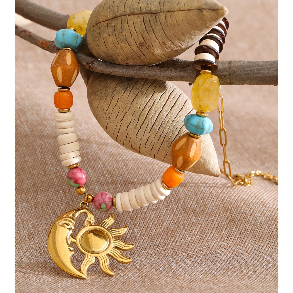 Eetit New Arrival Handmade Jewelry Natural Stone Resin Wood Beads Sun Moon Drop Necklace Stainless Steel Accessories Waterproof